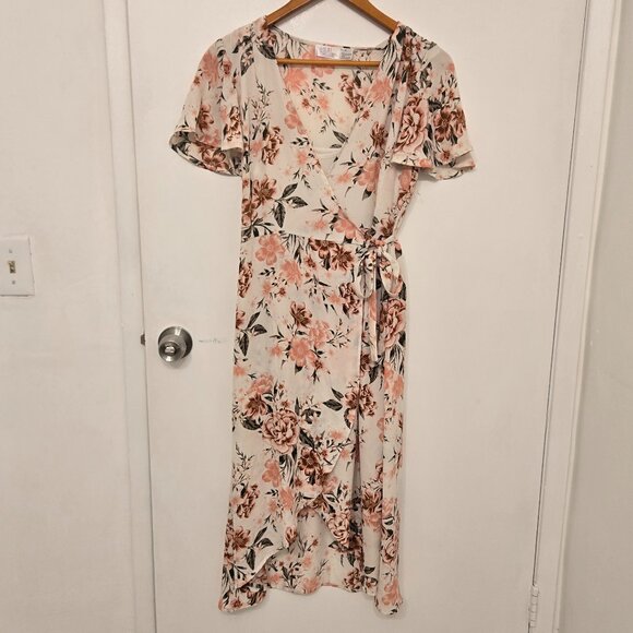 Time and Tru Floral Wrap Midi Dress Tie Waist Short Sleeve Size M - Picture 2 of 16